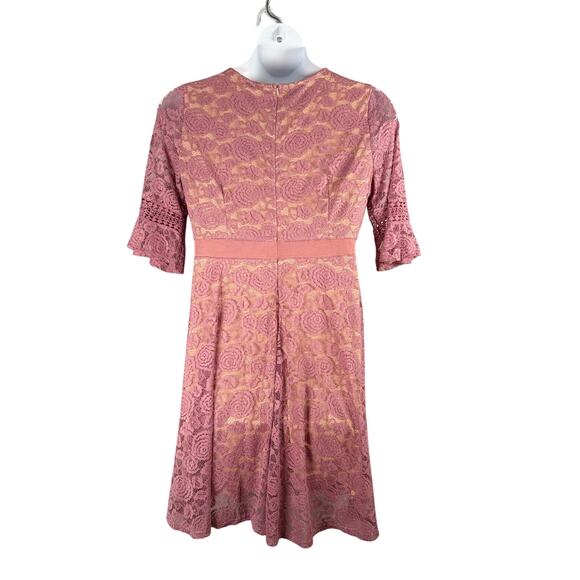 Twink Lady Dress Womens XL Mauve Pink Lace with Nude Underlay Bell Half Sleeves - Picture 5 of 12